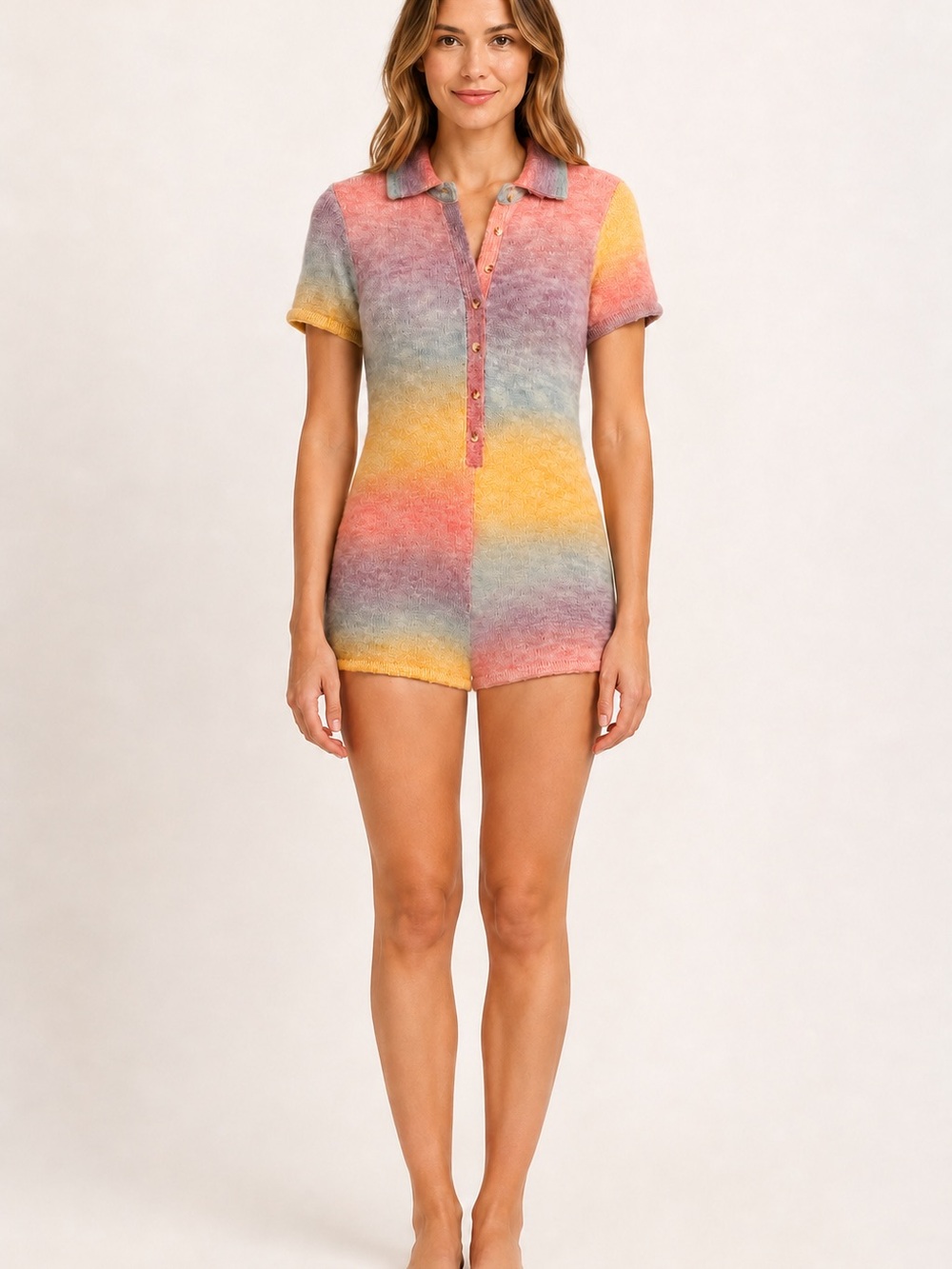 Frankie's Bikinis Pastel Gradient Terry Romper in Pink, Yellow & Gray